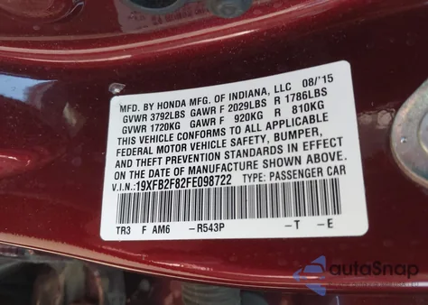 2015 Honda Civic Ex из США, поврежденный, VIN 19XFB2F82FE098722